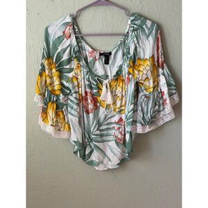 Forever 21 Tropical Floral Off Shoulder Boho Top Bell Sleeve Lace Trim S